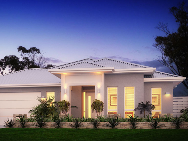 The facade of a modern minimalist house featuring a sleek, grey-rendered finish, accented with vertical timber cladding and recessed lighting