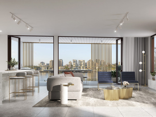A modern living room feature wall with a flawless, smooth grey interior rendering finish behind a sofa
