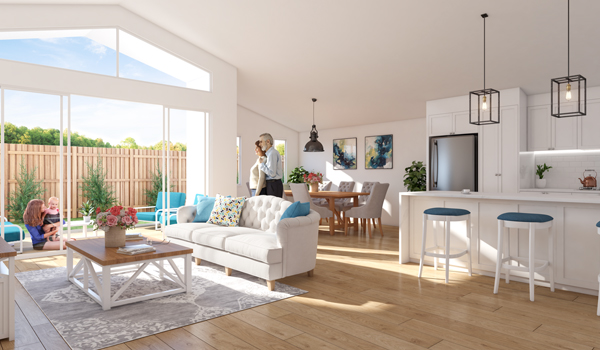 A minimalist open-plan space featuring a long, seamless interior rendered wall that enhances the feeling of space